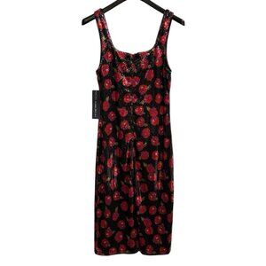 Rachel Roy Dress Womens L Black Red Rose Sequin Tank Midi Event Cocktail Party
